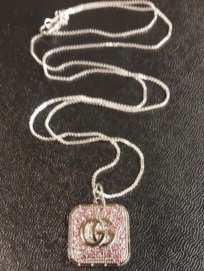 GG Silver Square Charm Pendant Necklace with Pink Crystal Accents 925 SS